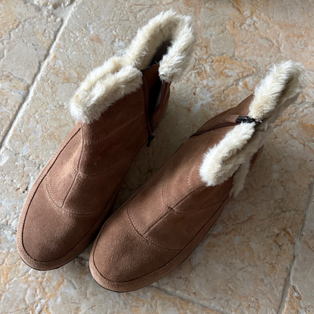 Brown Suede Ankle Boots with Fur Trim - Picture 3 of 5